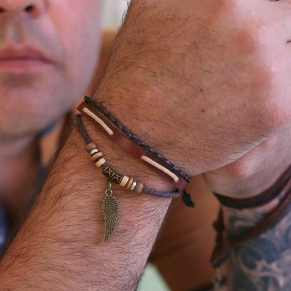 Wing Charm Hunter Leather Bracelets