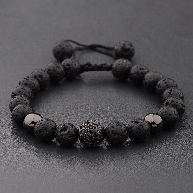 Luxury Round Black Pave Lava Weaving Bracelet