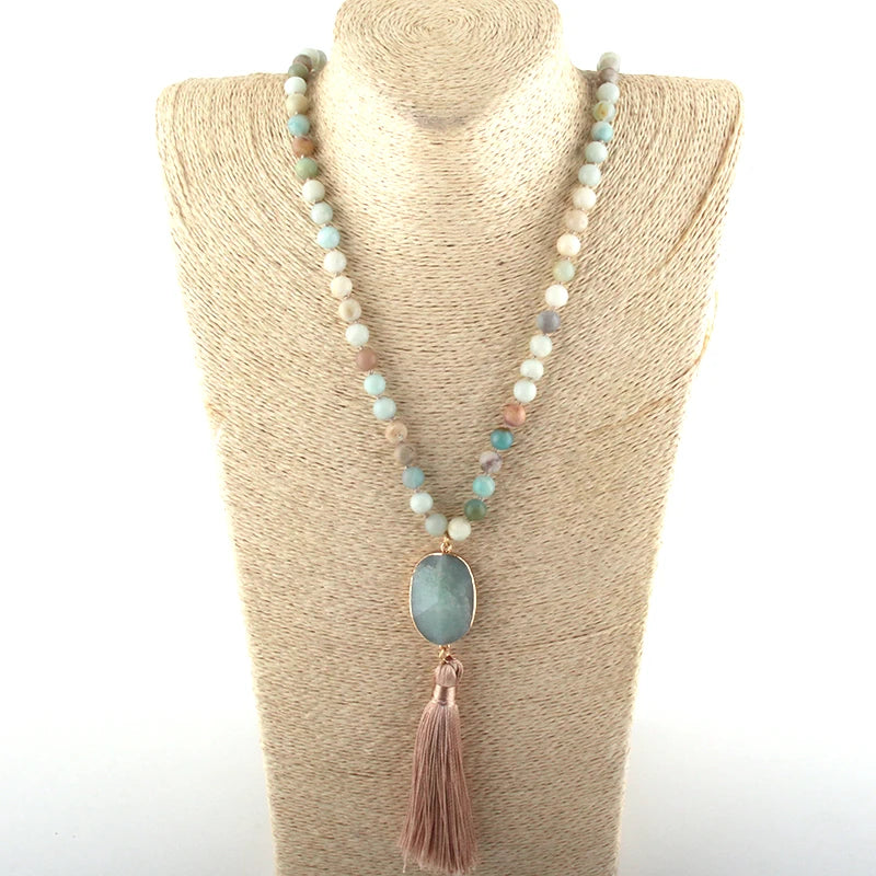 Precious Stones Long Knotted Tassel Necklaces