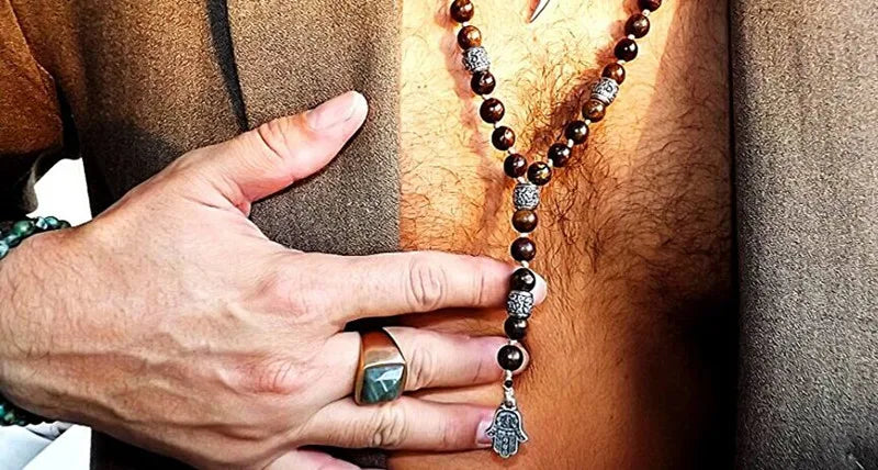 Spiritual Long Lariat Natural stone Hamsa Pendant Necklace