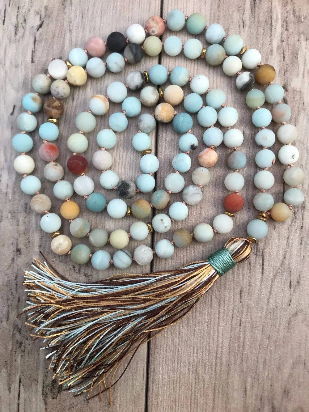 Milk Matte Amazonite Bead Necklace with Silk Tassel