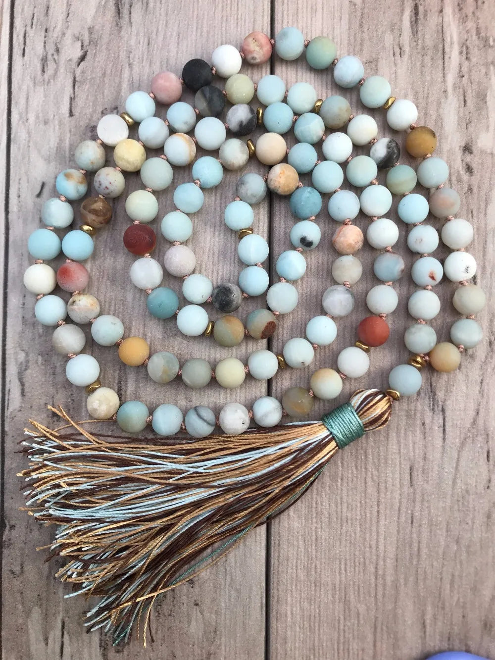 Milk Matte Amazonite Bead Necklace with Silk Tassel