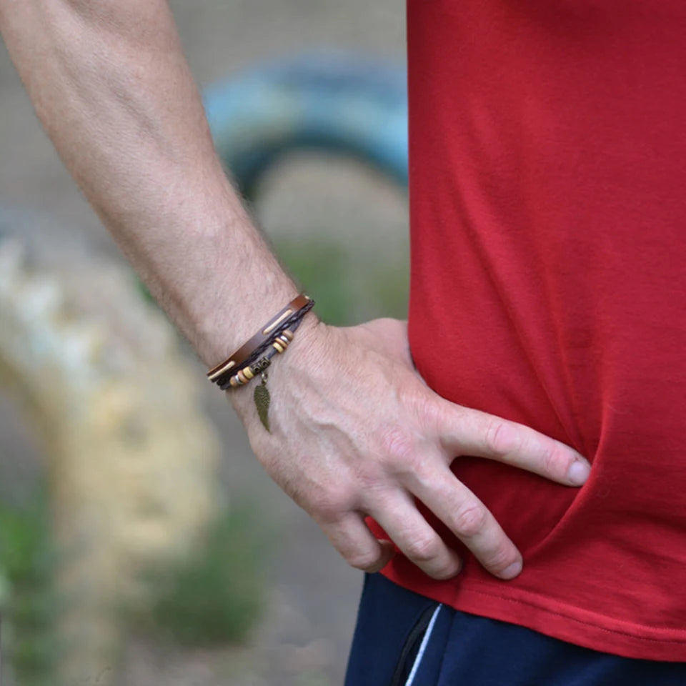 Wing Charm Hunter Leather Bracelets