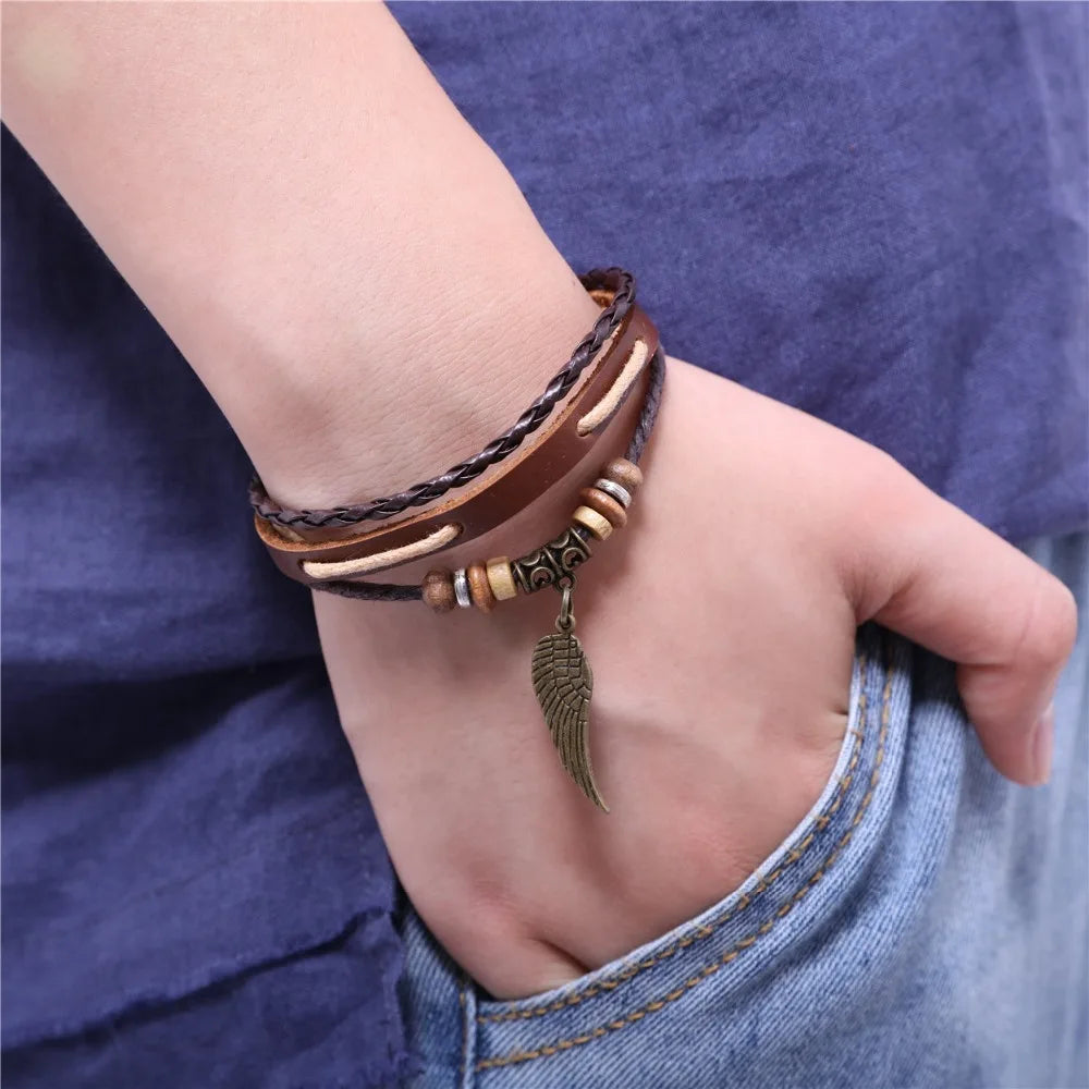 Wing Charm Hunter Leather Bracelets