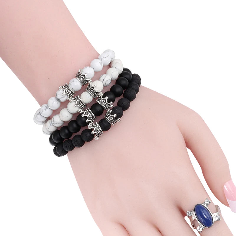 Gold Black & Silver Double Crown Stone Bracelets