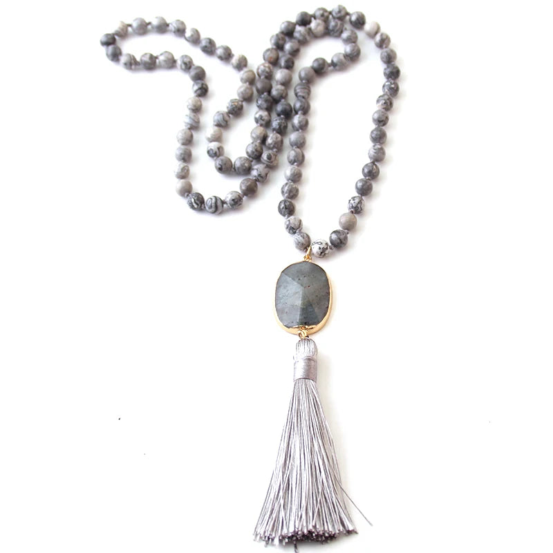 Precious Stones Long Knotted Tassel Necklaces