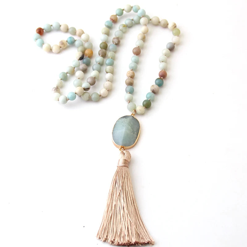 Precious Stones Long Knotted Tassel Necklaces