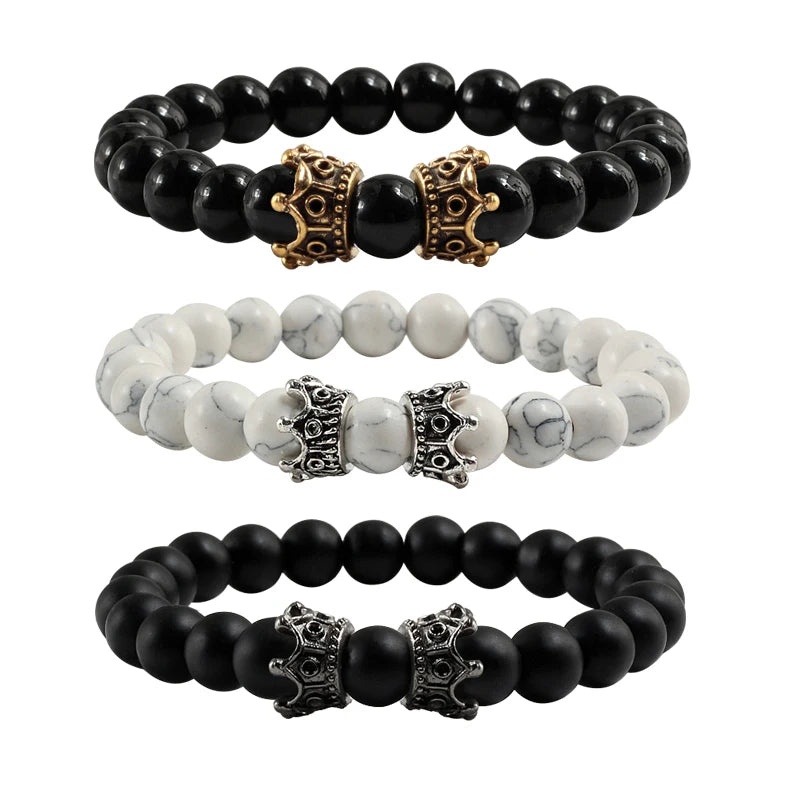 Gold Black & Silver Double Crown Stone Bracelets