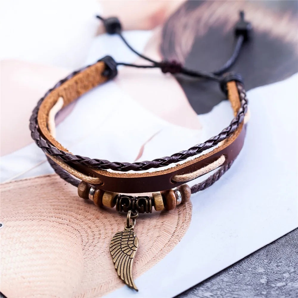 Wing Charm Hunter Leather Bracelets
