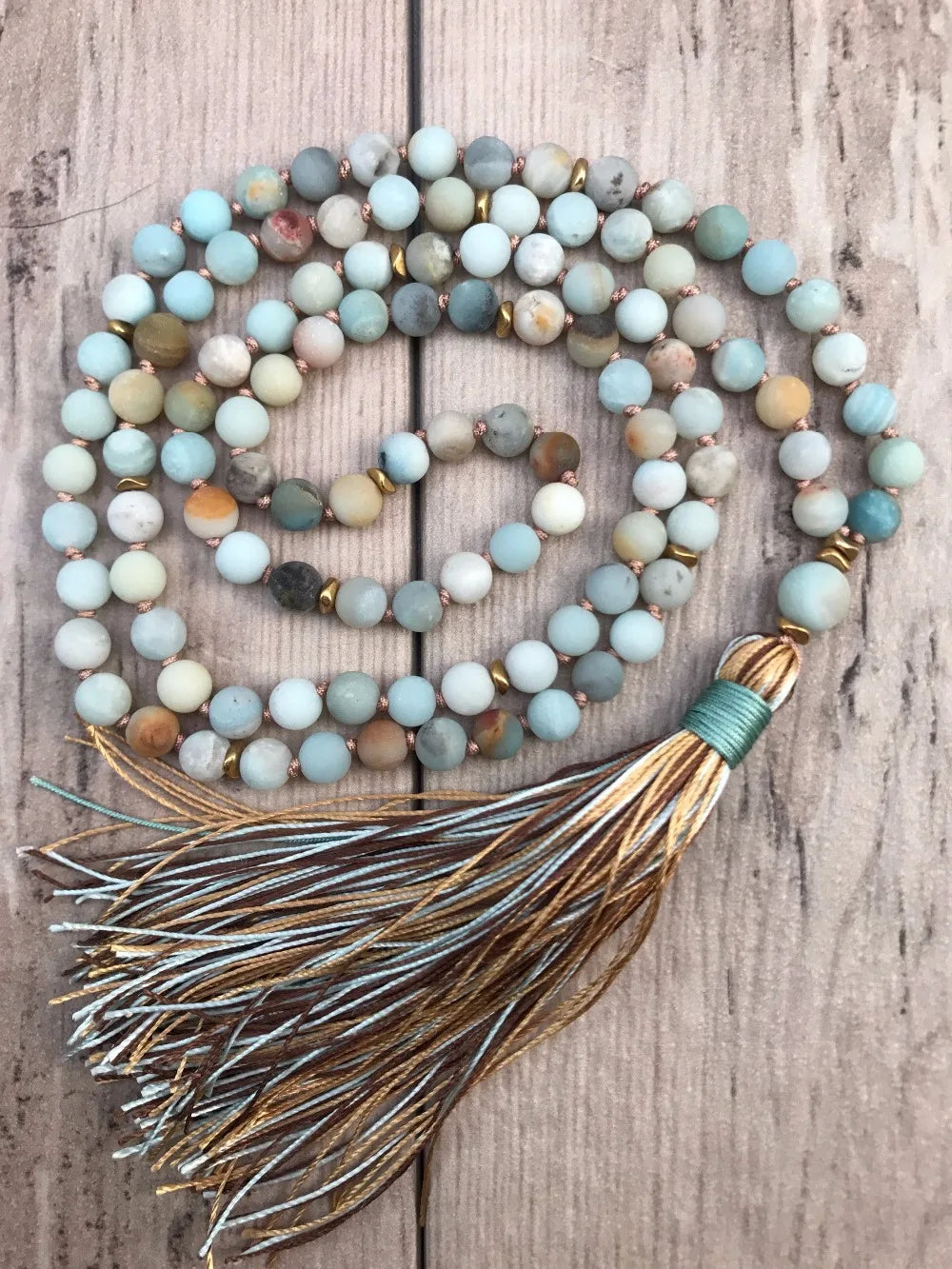 Milk Matte Amazonite Bead Necklace with Silk Tassel