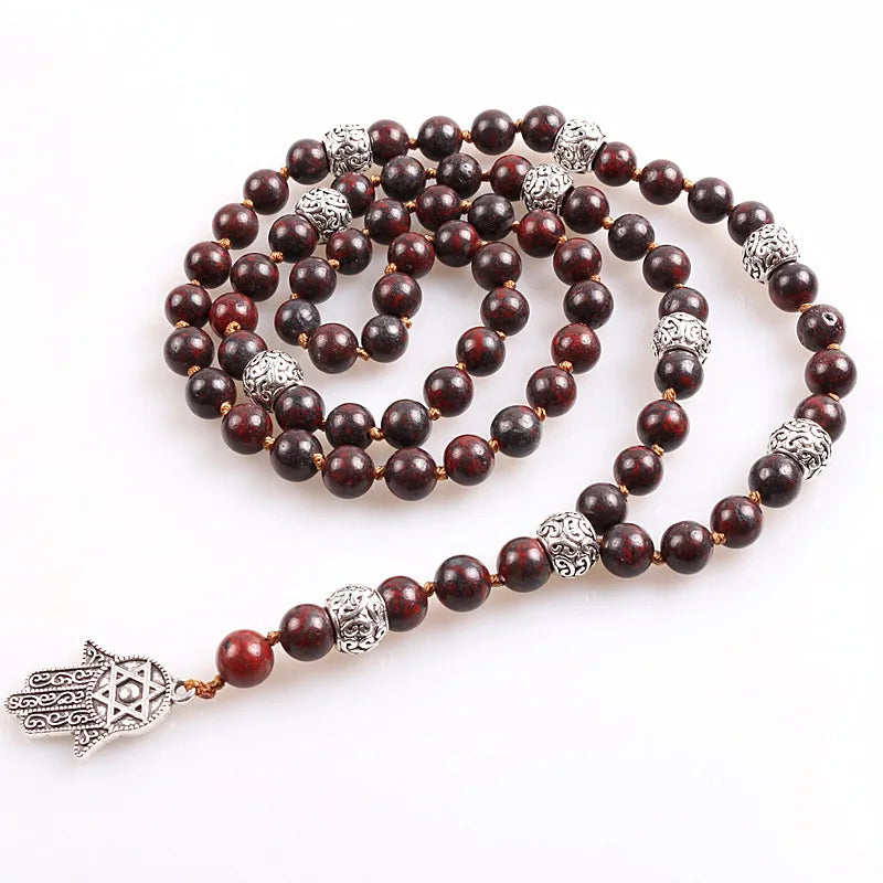 Spiritual Long Lariat Natural stone Hamsa Pendant Necklace