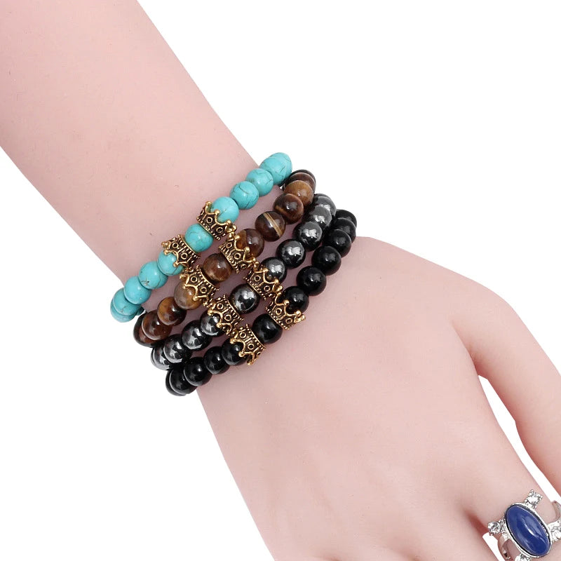 Gold Black & Silver Double Crown Stone Bracelets