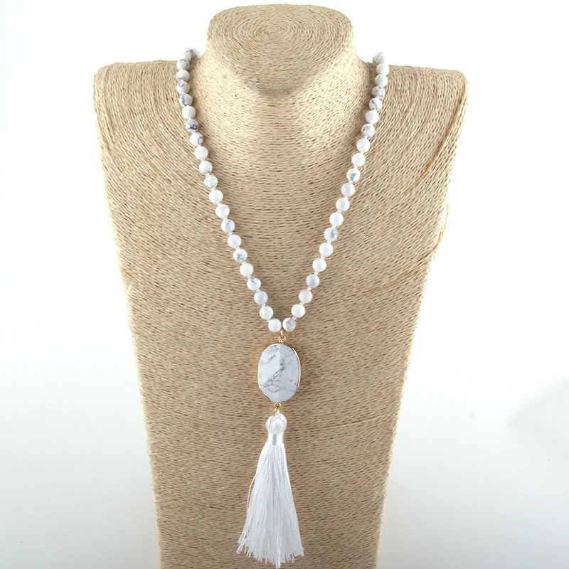Precious Stones Long Knotted Tassel Necklaces