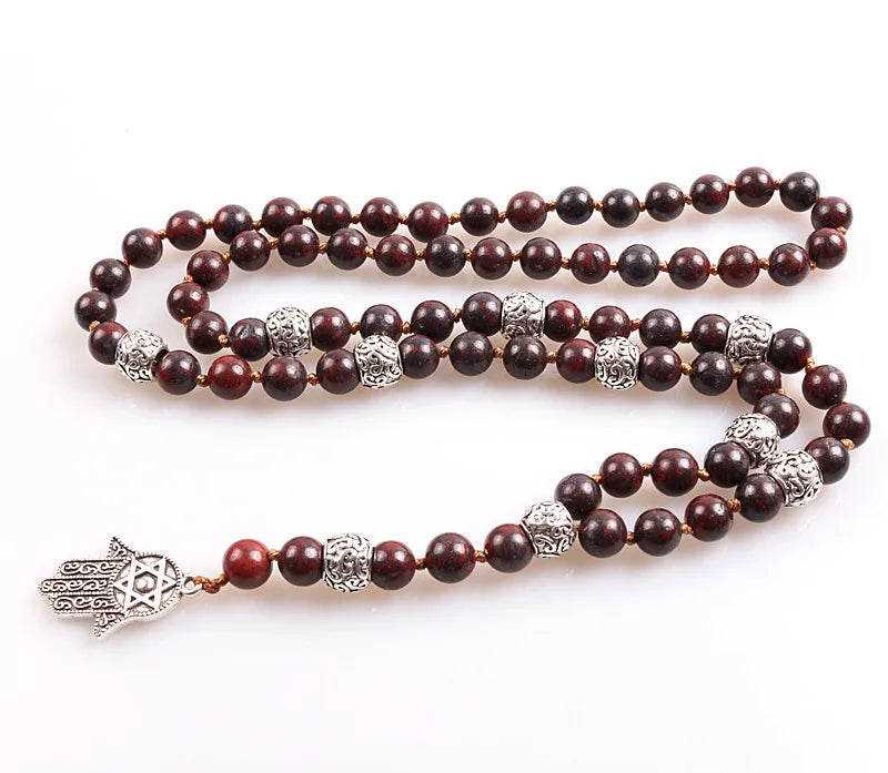 Spiritual Long Lariat Natural stone Hamsa Pendant Necklace