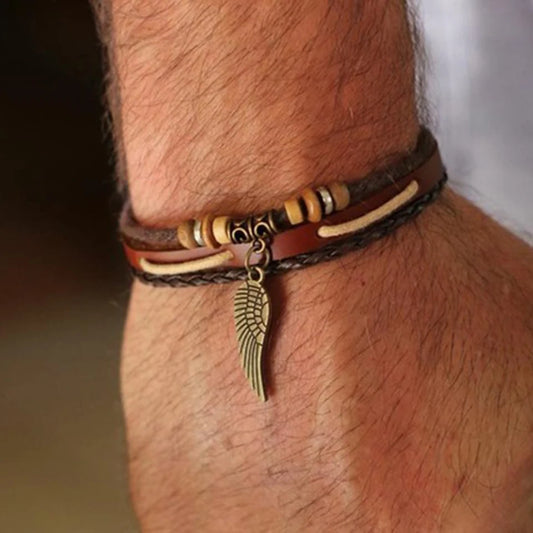 Wing Charm Hunter Leather Bracelets