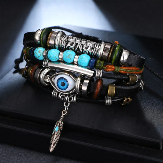 Stone Feather Eye Fish Charms Bracelet Wrap Wristband