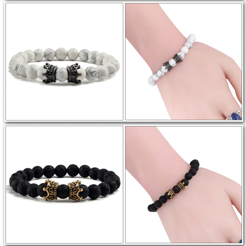 Gold Black & Silver Double Crown Stone Bracelets