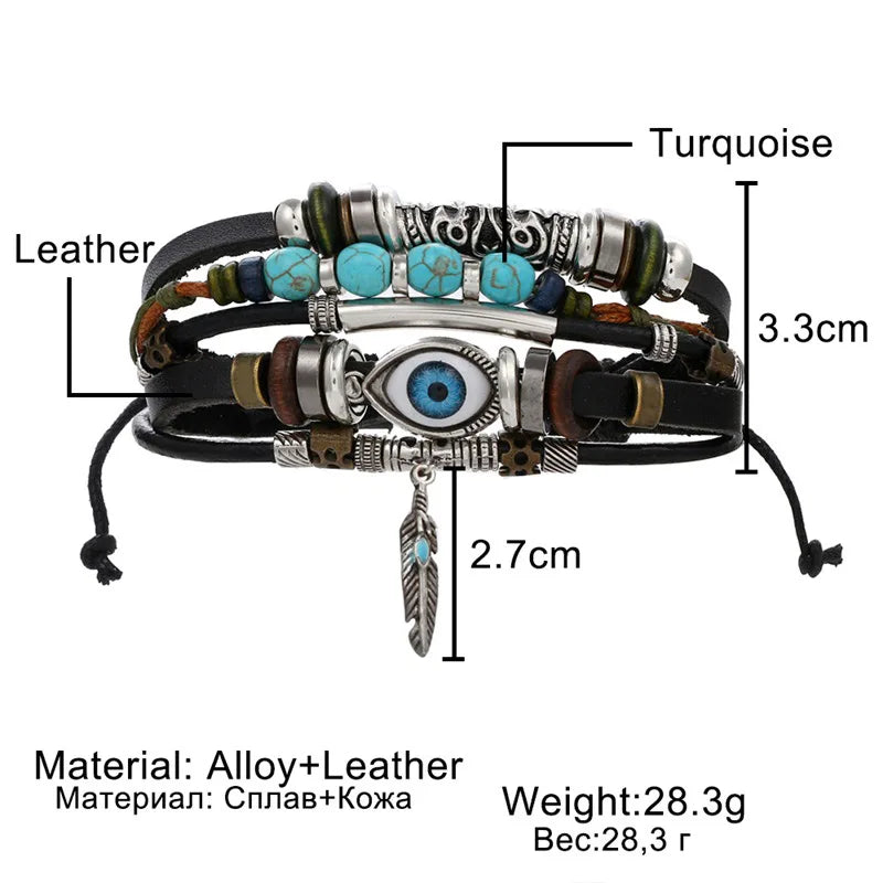 Stone Feather Eye Fish Charms Bracelet Wrap Wristband