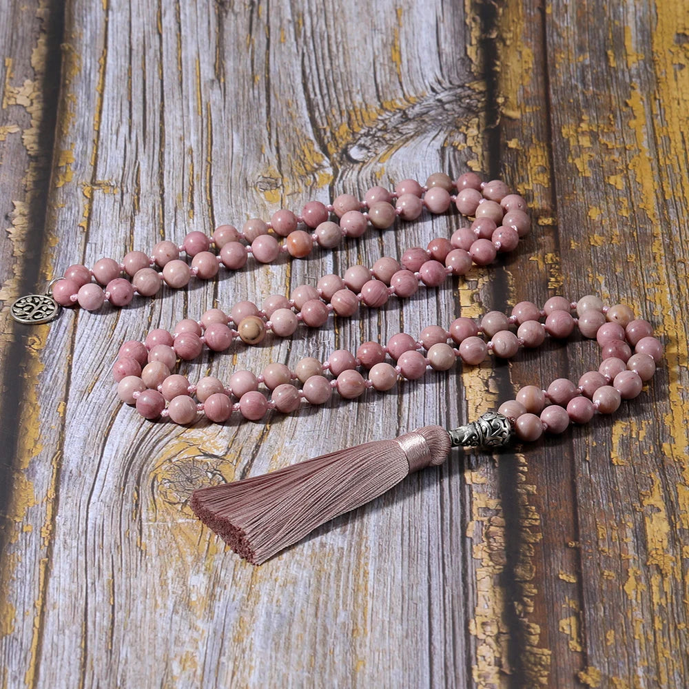 Natural Rhodochrosite Beaded Necklace with Tree of Life Pendant