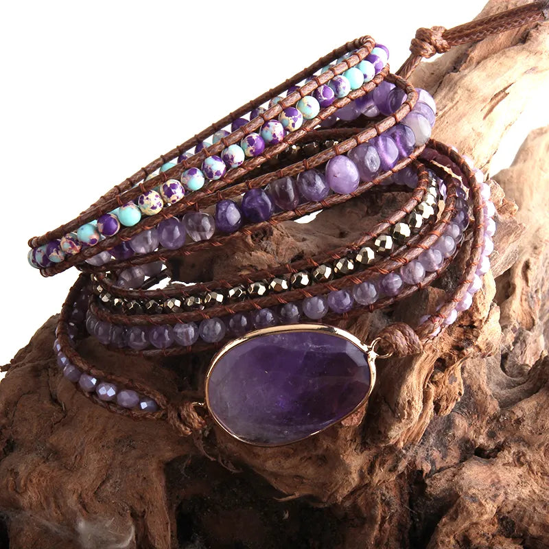 Mixed Natural Stones Charm 5 Strands Wrap Bracelets