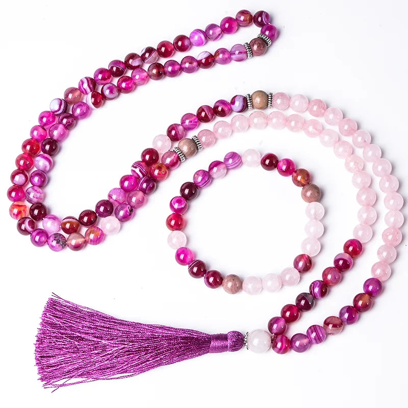 Pink White Rose Quartz Agate Beaded Tassel Sets