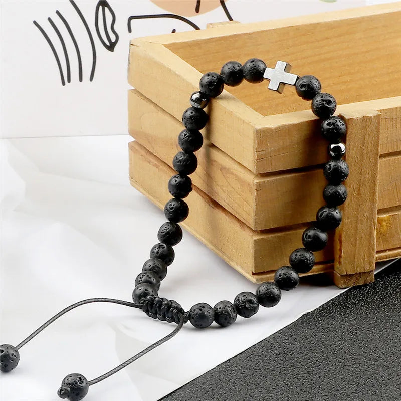 Shine Natural Lava Cross Stone Adjustable Bracelets