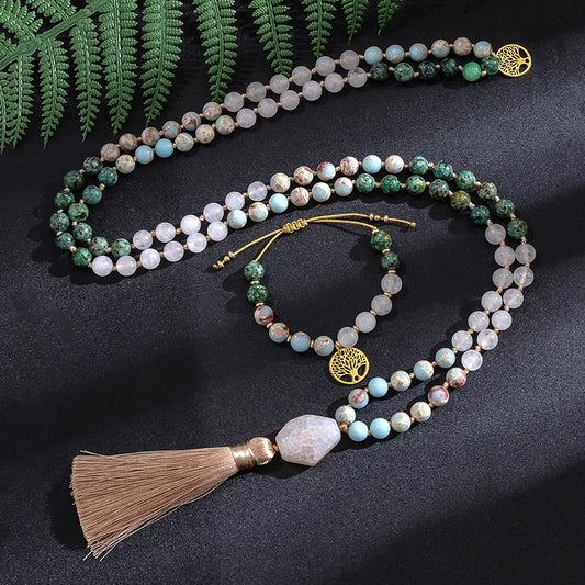 White Jade African Turquoise Emperor Jasper Knotted Set