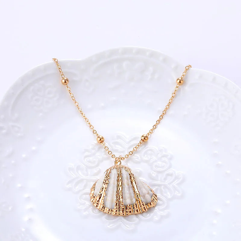 Gold Sea Shell Beach Pendant Necklace