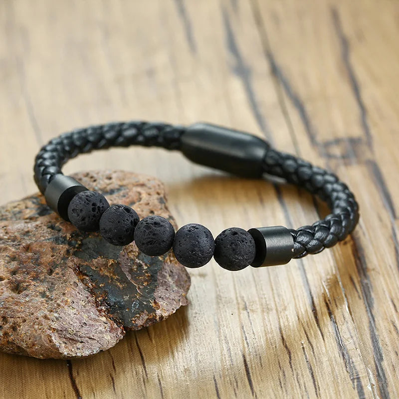 Black Volcanic Titanium Steel Beaded Leather Bracelets