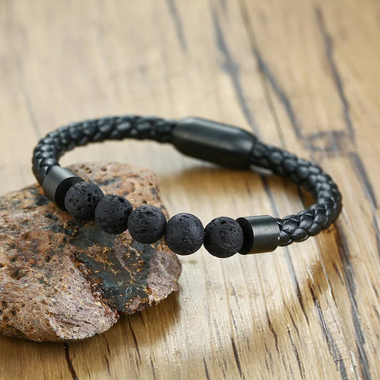 Black Volcanic Titanium Steel Beaded Leather Bracelets