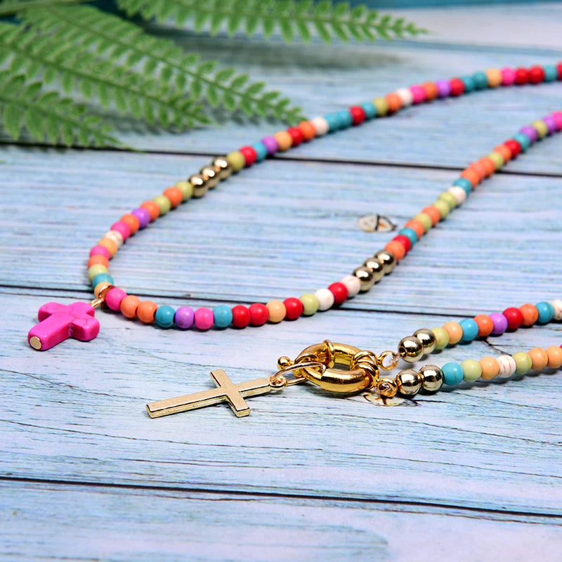 Long Cross Pendant Boho Double Layer Statement Choker Necklace