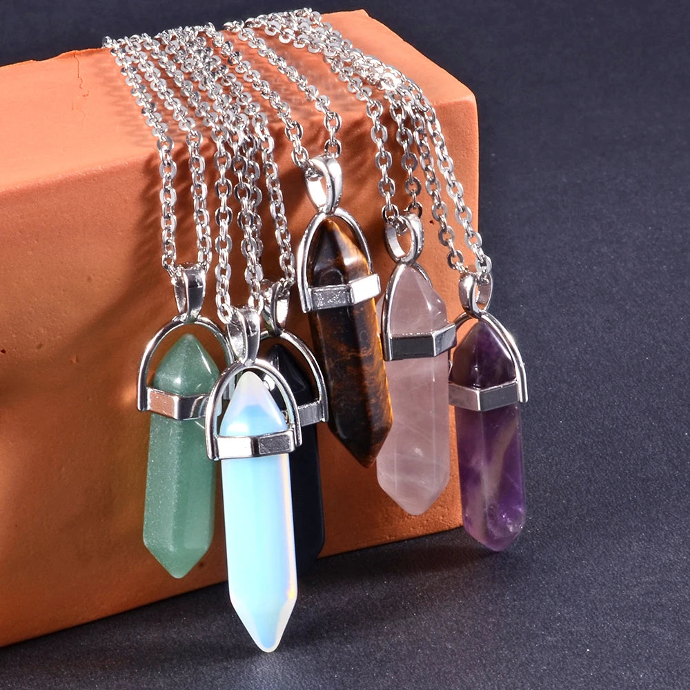 Natural Crystal Hexagonal Point Pendulum Stone Pendant Necklace