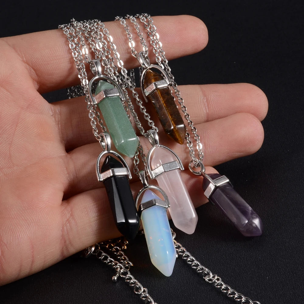 Natural Crystal Hexagonal Point Pendulum Stone Pendant Necklace