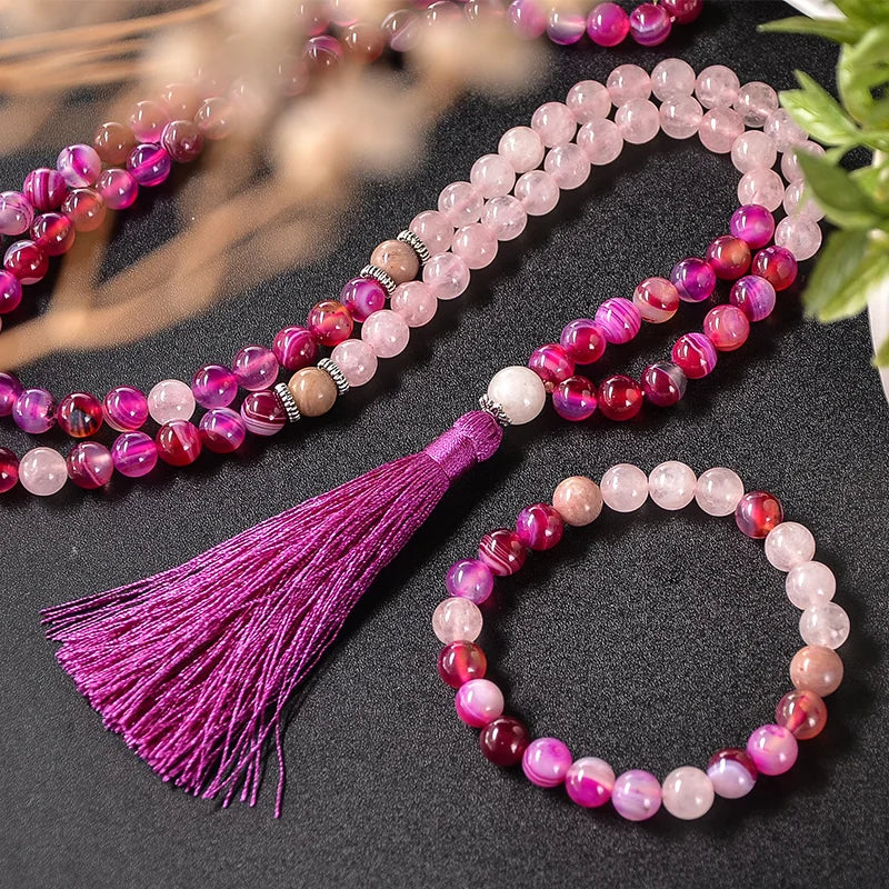 Pink White Rose Quartz Agate Beaded Tassel Sets
