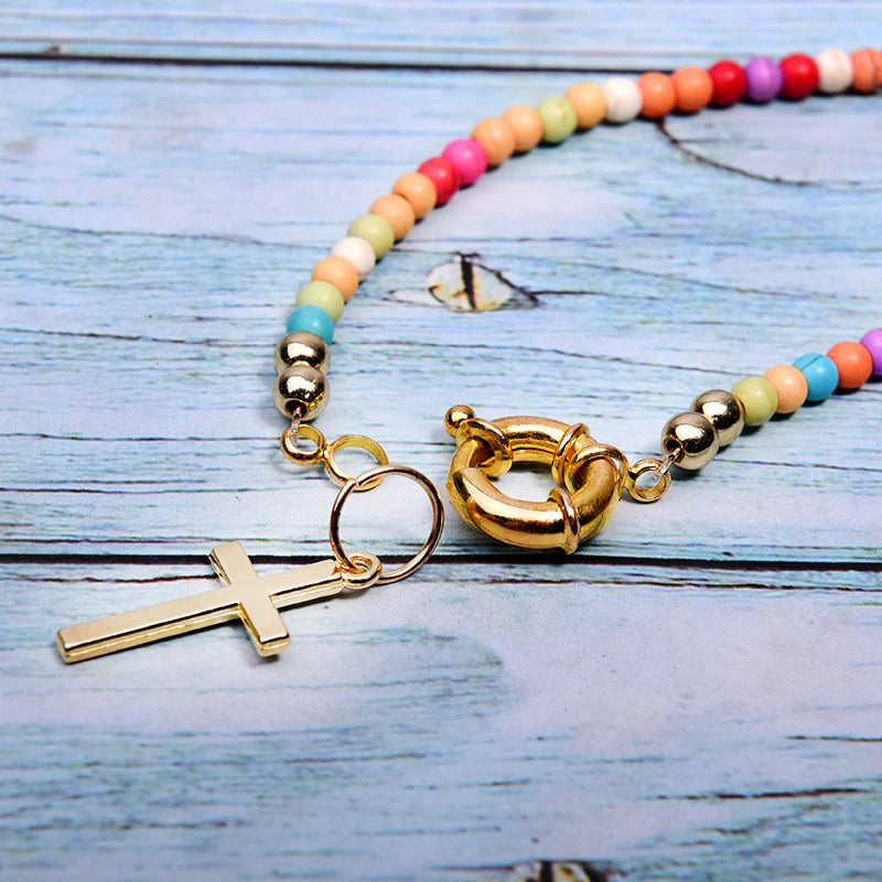 Long Cross Pendant Boho Double Layer Statement Choker Necklace