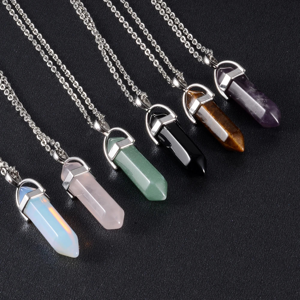 Natural Crystal Hexagonal Point Pendulum Stone Pendant Necklace
