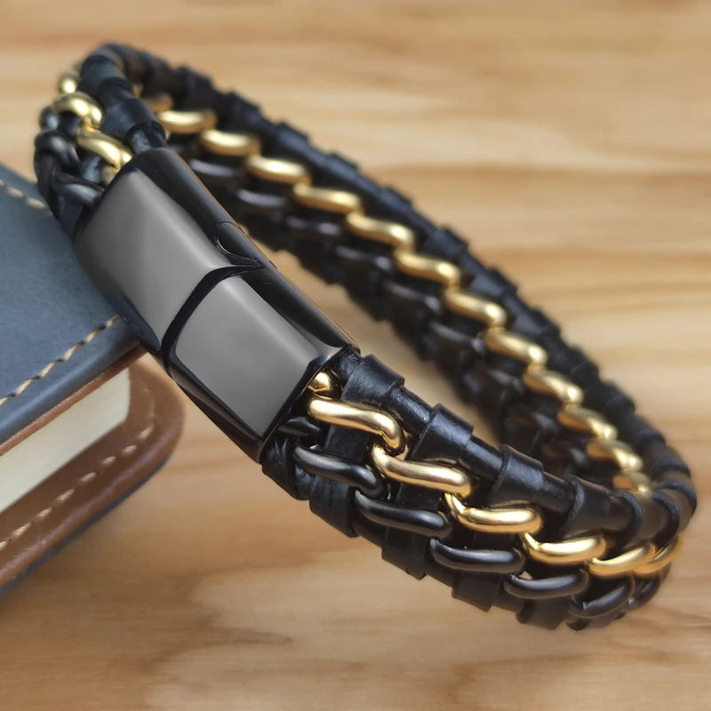 Exclusive Genuine Leather Magnetic Gold Chain Bracelet