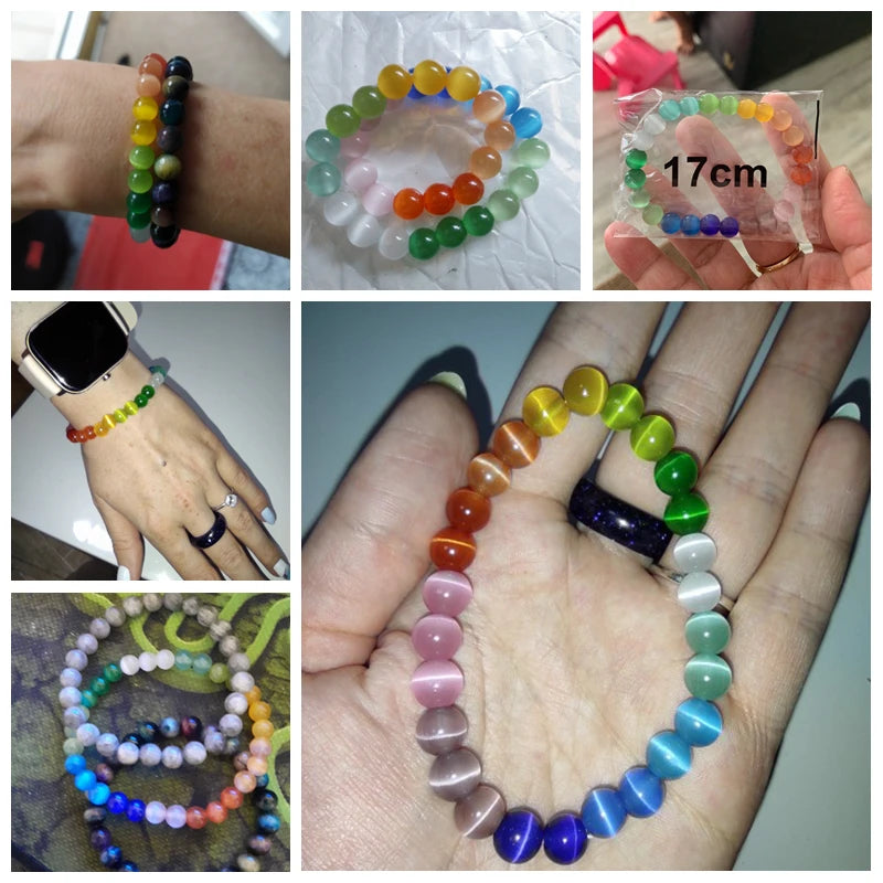Vibrant Rainbow Pastel Color Cat Eye Stone Beads Bracelets