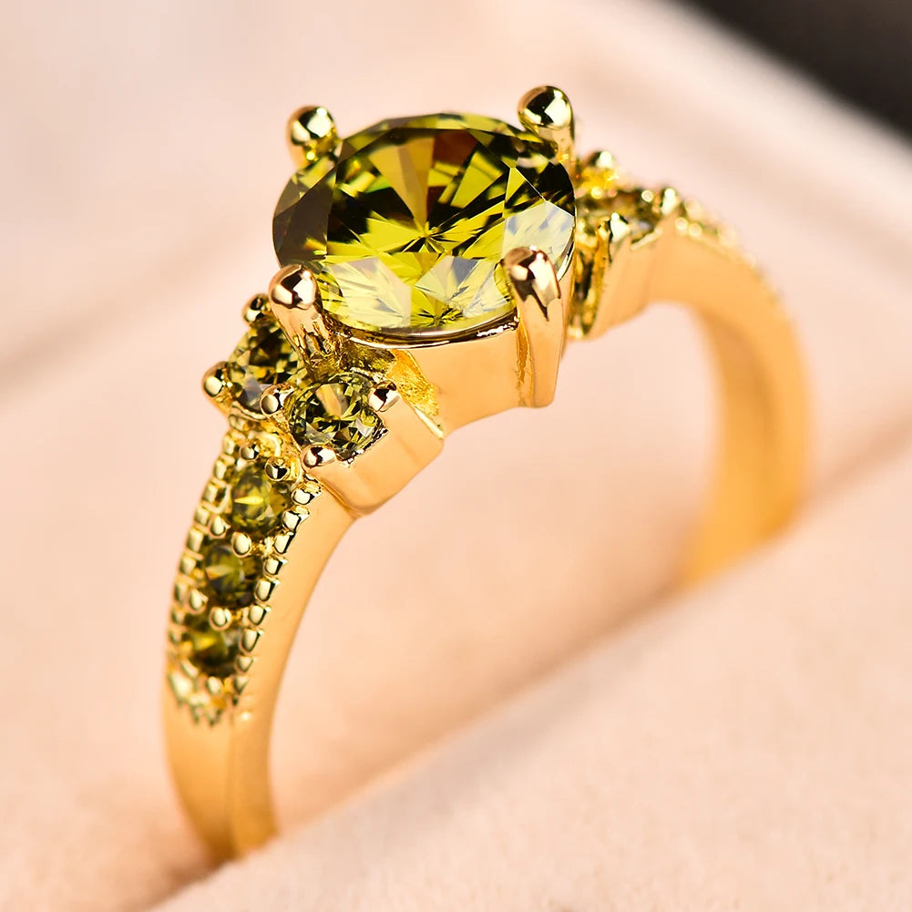 Gorgeous Olive Green Crystal Charm Gold Ring