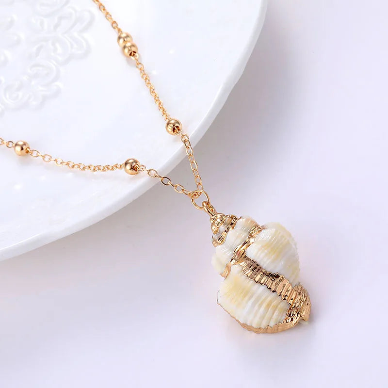 Gold Sea Shell Beach Pendant Necklace