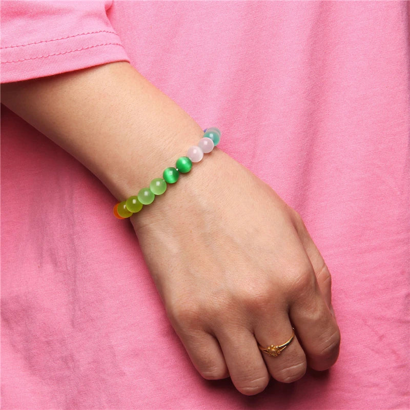 Vibrant Rainbow Pastel Color Cat Eye Stone Beads Bracelets