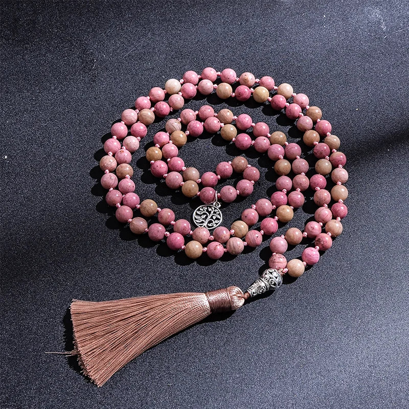 Natural Rhodochrosite Beaded Necklace with Tree of Life Pendant
