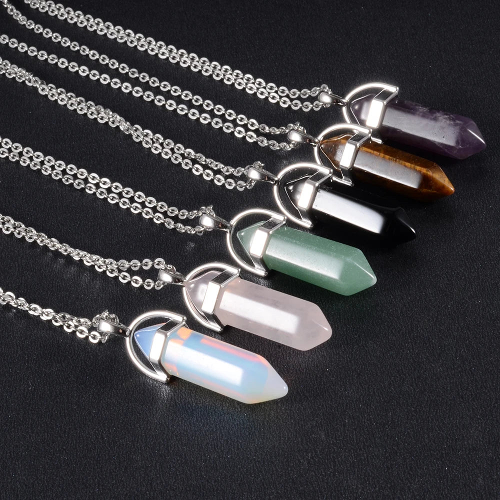 Natural Crystal Hexagonal Point Pendulum Stone Pendant Necklace