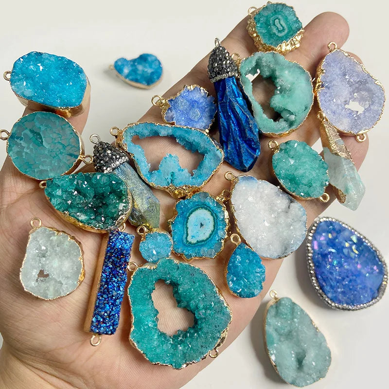 Blue Druzy Stone Connecter Copper Mineral Crystal Pendant Charm