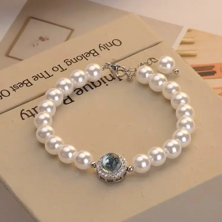 Luxury Silver Blue Crystal Charm Pearl Bracelets
