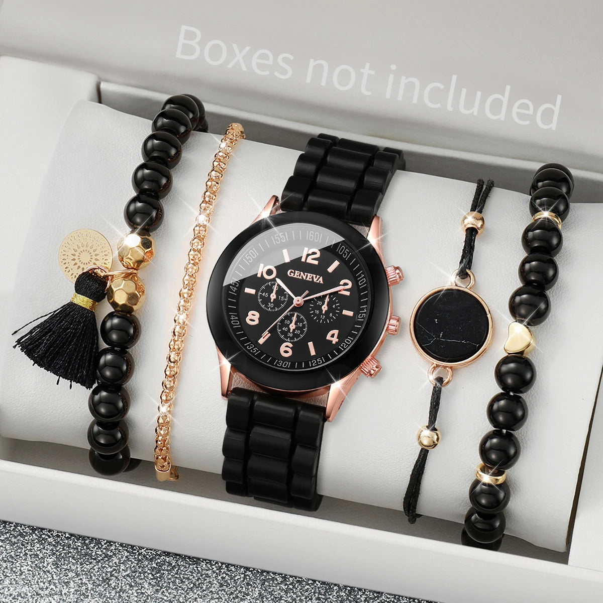 Black White & Gold Band Quartz Watch and Beaded Bracelet Sets