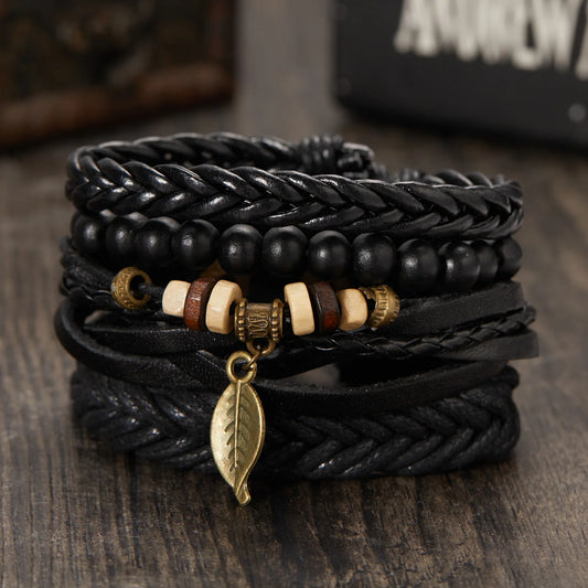 Vintage Leather Charm Wood Beads Bracelets