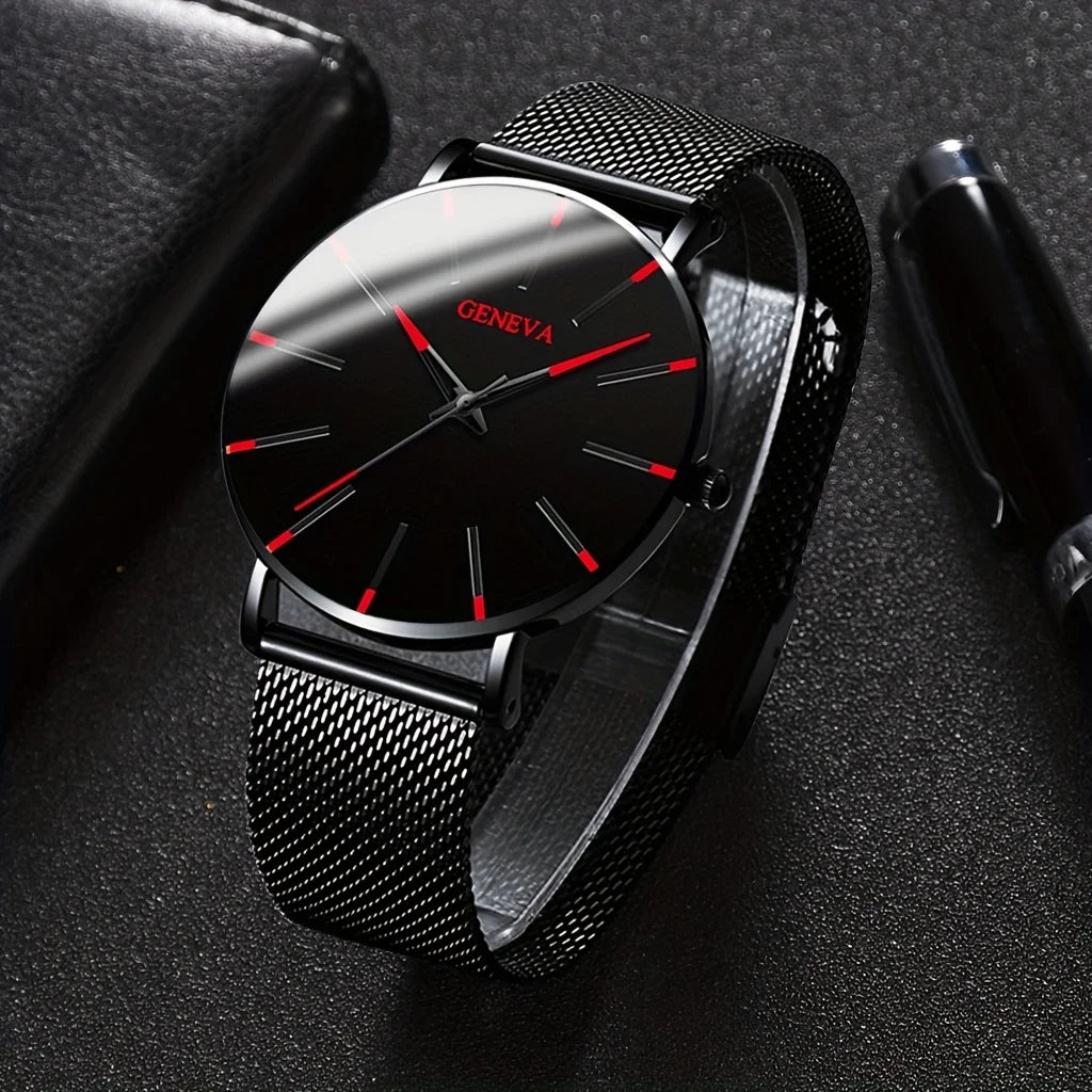 Exquiste Black Quartz Watch & 4pcs Black Tree Of Life Bracelet Set