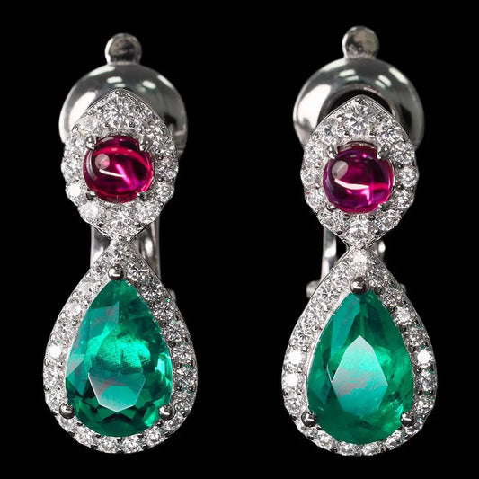 Royal Pear of Eye Sapphire Emerald Diamonds Drop Earrings