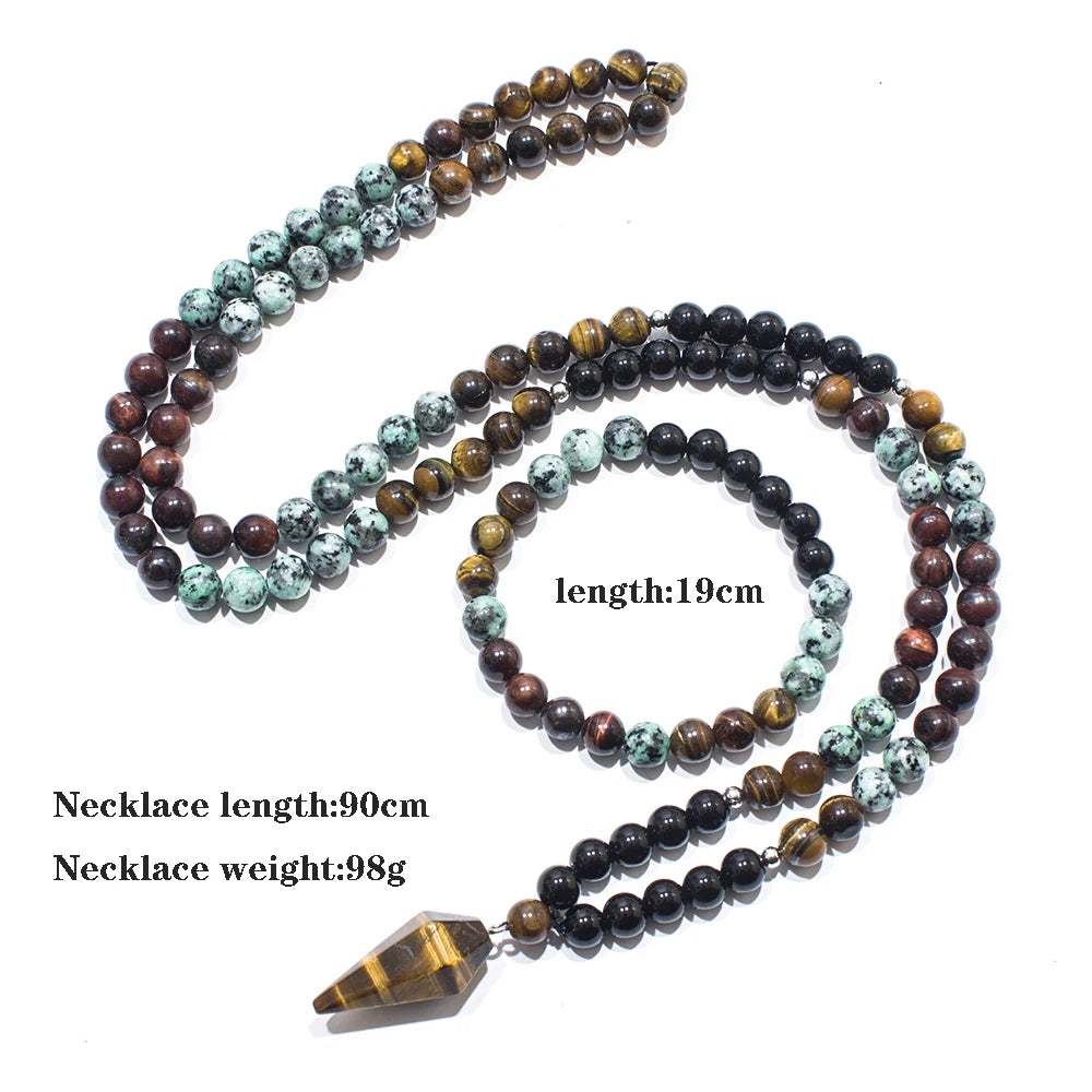 Black Onyx African Turquoise Beads Necklace Set with Tiger Eye Pendant